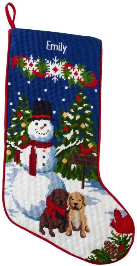 Christmas Needlepoint Stocking, Cotton Snowman w/Puppies, Cotton Yarns L.L.Bean