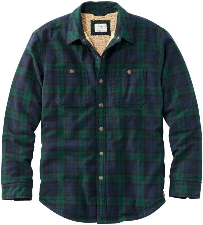 Men's Sherpa-Lined Scotch Plaid Shirt, Slightly Fitted Black Watch Medium, Fleece Flannel L.L.Bean