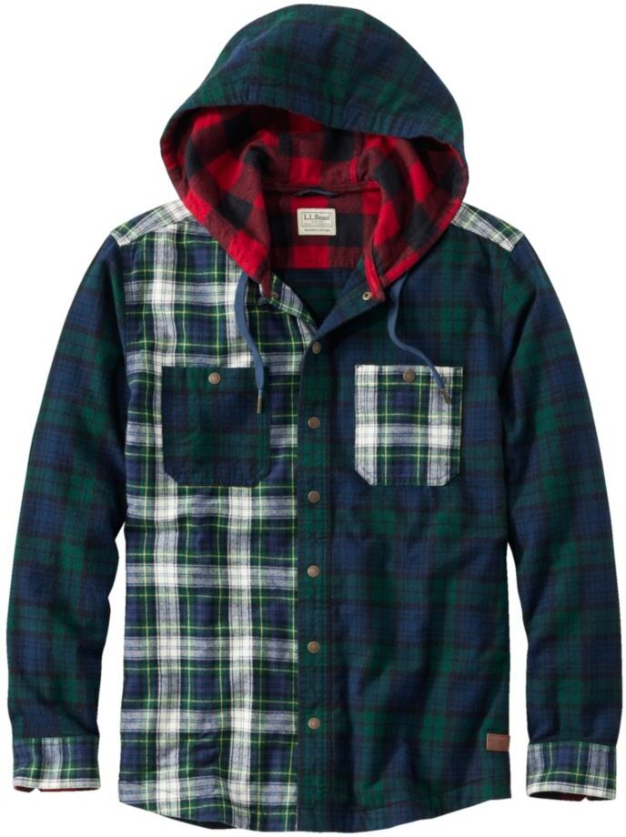 Men's Scotch Plaid Flannel Hooded Shirt, Slightly Fitted Dress Gordon Patchwork Extra Large L.L.Bean