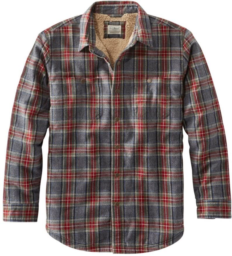 Men's Sherpa-Lined Scotch Plaid Shirt, Slightly Fitted Grey Stewart XXL, Fleece Flannel L.L.Bean