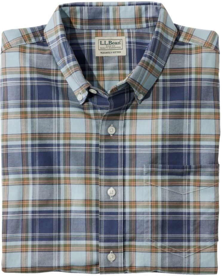 Men's Comfort Stretch Oxford Shirt, Slightly Fitted Untucked Fit, Plaid Mist Blue XXL, Cotton Blend L.L.Bean