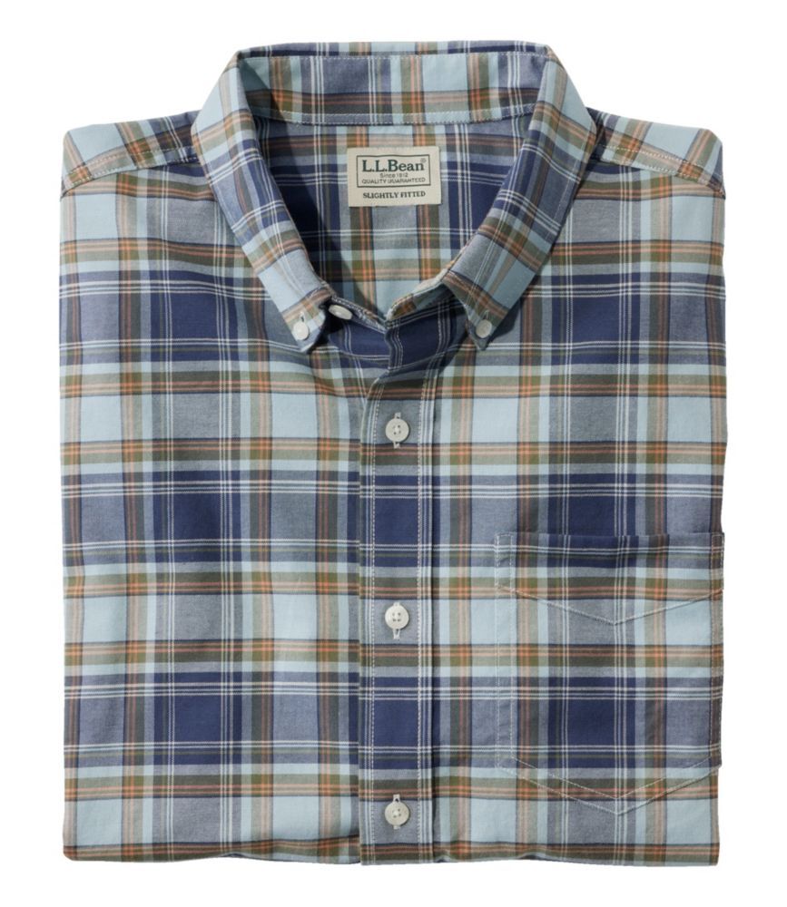 Men's Comfort Stretch Oxford Shirt, Slightly Fitted Untucked Fit, Plaid Mist Blue XXL, Cotton Blend L.L.Bean