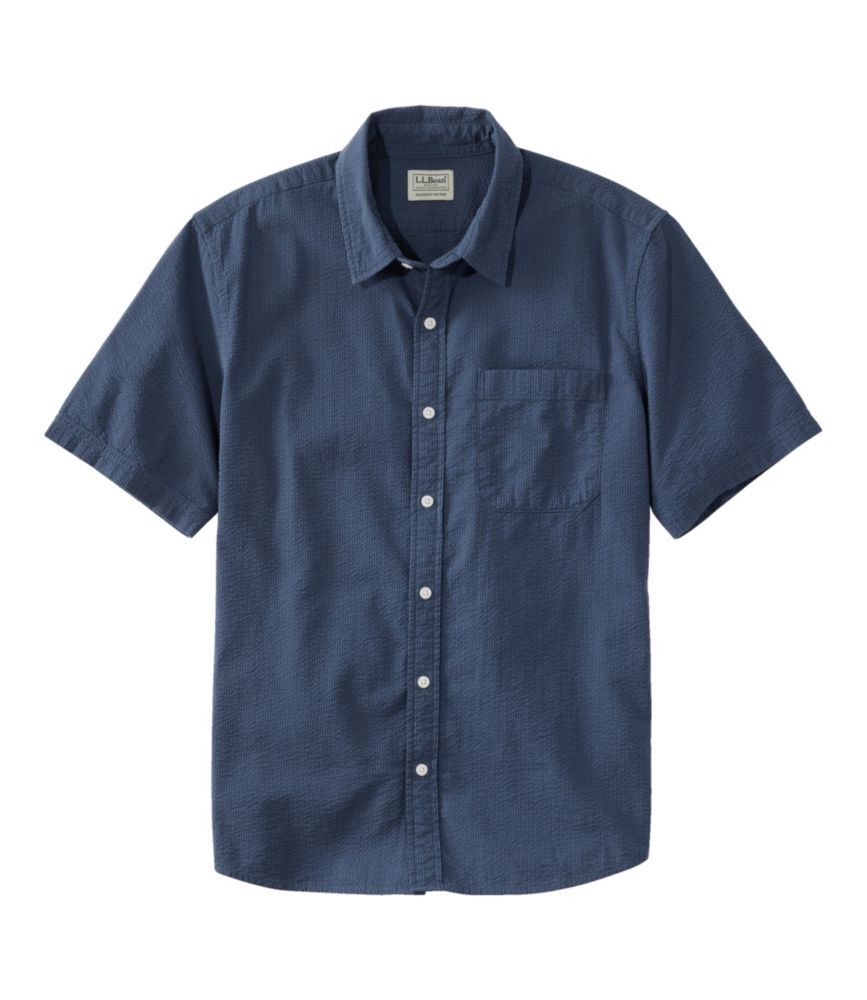 Men's Organic Seersucker Shirt, Short-Sleeve, Slightly Fitted, Stripe Vintage Indigo Medium L.L.Bean