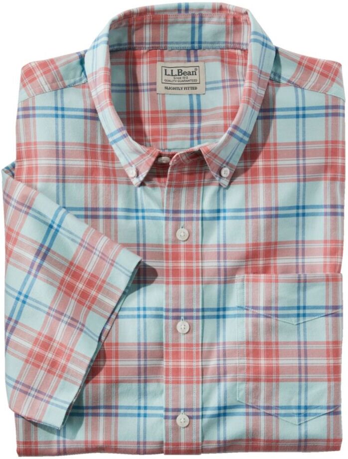 Men's Comfort Stretch Oxford, Slightly Fitted Untucked Fit, Short-Sleeve, Plaid Mineral Red XXL, Cotton Blend L.L.Bean