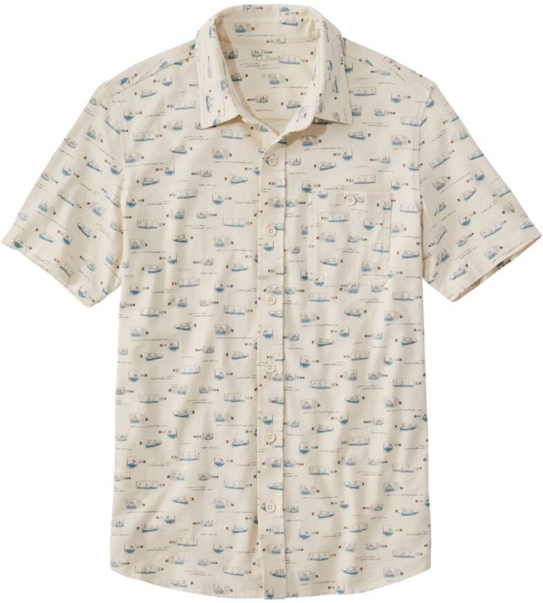 Men's Lakewashed Organic Cotton Button-Front Shirt, Short-Sleeve, Print Pale Khaki Bottles Small L.L.Bean