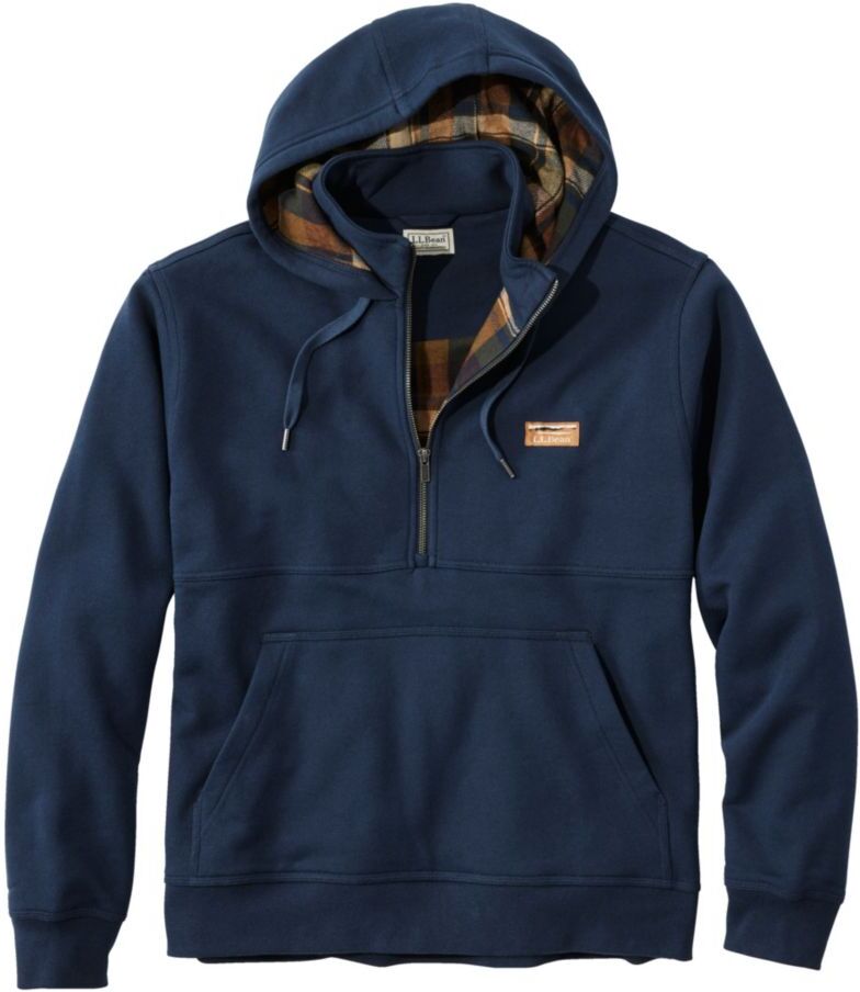 Men's Katahdin Iron Works Half-Zip Sweatshirt, Hooded, Flannel-Lined Navy/Saddle Extra Large, Flannel Cotton Blend L.L.Bean