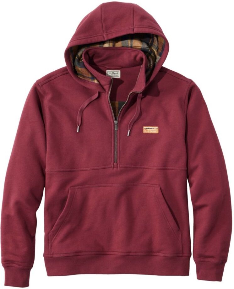 Men's Katahdin Iron Works Half-Zip Sweatshirt, Hooded, Flannel-Lined Burgundy/Saddle Extra Large, Flannel Cotton Blend L.L.Bean