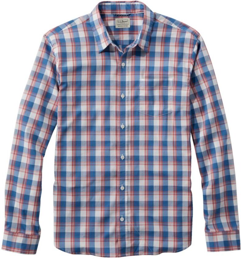 Men's Comfort Stretch Performance Shirt, Long-Sleeve, Slightly Fitted Untucked Fit, Plaid Mineral Red/Bright Blue Small, Cotton Blend L.L.Bean