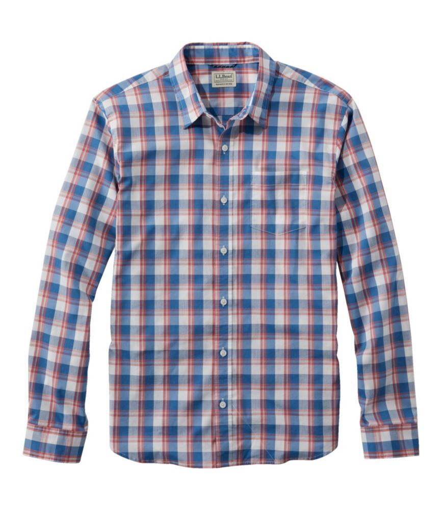Men's Comfort Stretch Performance Shirt, Long-Sleeve, Slightly Fitted Untucked Fit, Plaid Mineral Red/Bright Blue Extra Large, Cotton Blend L.L.Bean