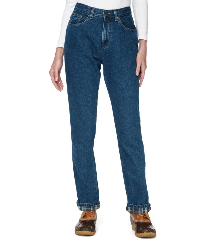 Women's Double L Jeans, Ultra-High Rise Tapered Leg Flannel-Lined Dark Indigo Plaid 12, Denim L.L.Bean