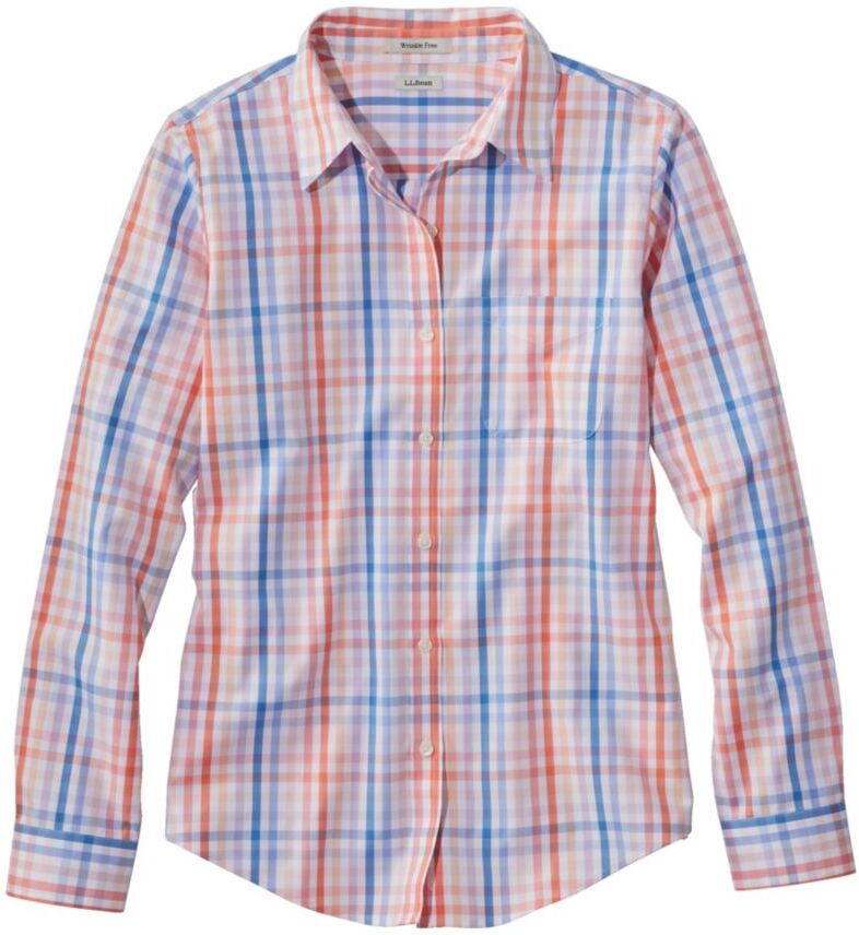 Women's Wrinkle-Free Pinpoint Oxford Shirt, Long-Sleeve Relaxed Fit Plaid Sunrise Pink Plaid Small, Cotton L.L.Bean