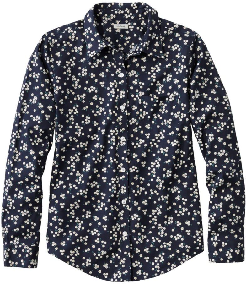 Women's Wrinkle-Free Pinpoint Oxford Shirt, Relaxed Fit Long-Sleeve Print Classic Navy Wild Daisies Extra Small, Cotton L.L.Bean