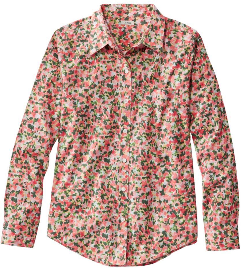 Women's Wrinkle-Free Pinpoint Oxford Shirt, Relaxed Fit Long-Sleeve Print Sunlit Coral floral Extra Small, Cotton L.L.Bean