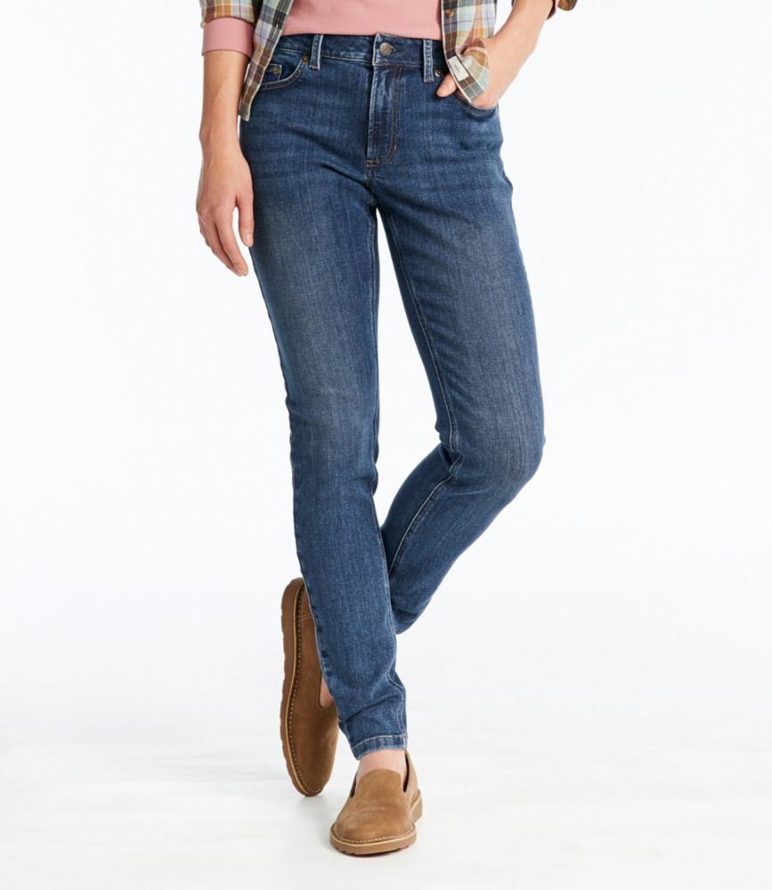 Women's BeanFlex Jeans, Mid-Rise Skinny-Leg Stonewashed 12, Denim/Leather L.L.Bean