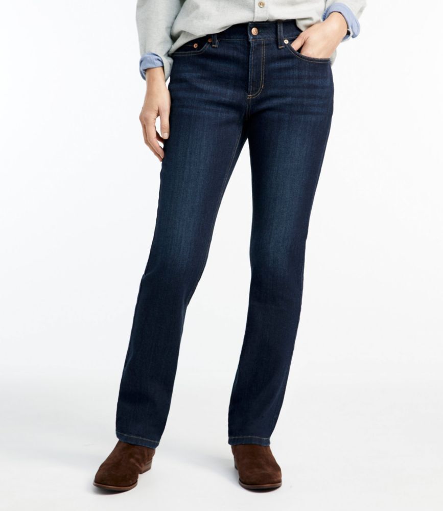 Women's BeanFlex Jeans, Mid-Rise Straight-Leg Rinsed 4 Petite, Denim/Leather L.L.Bean