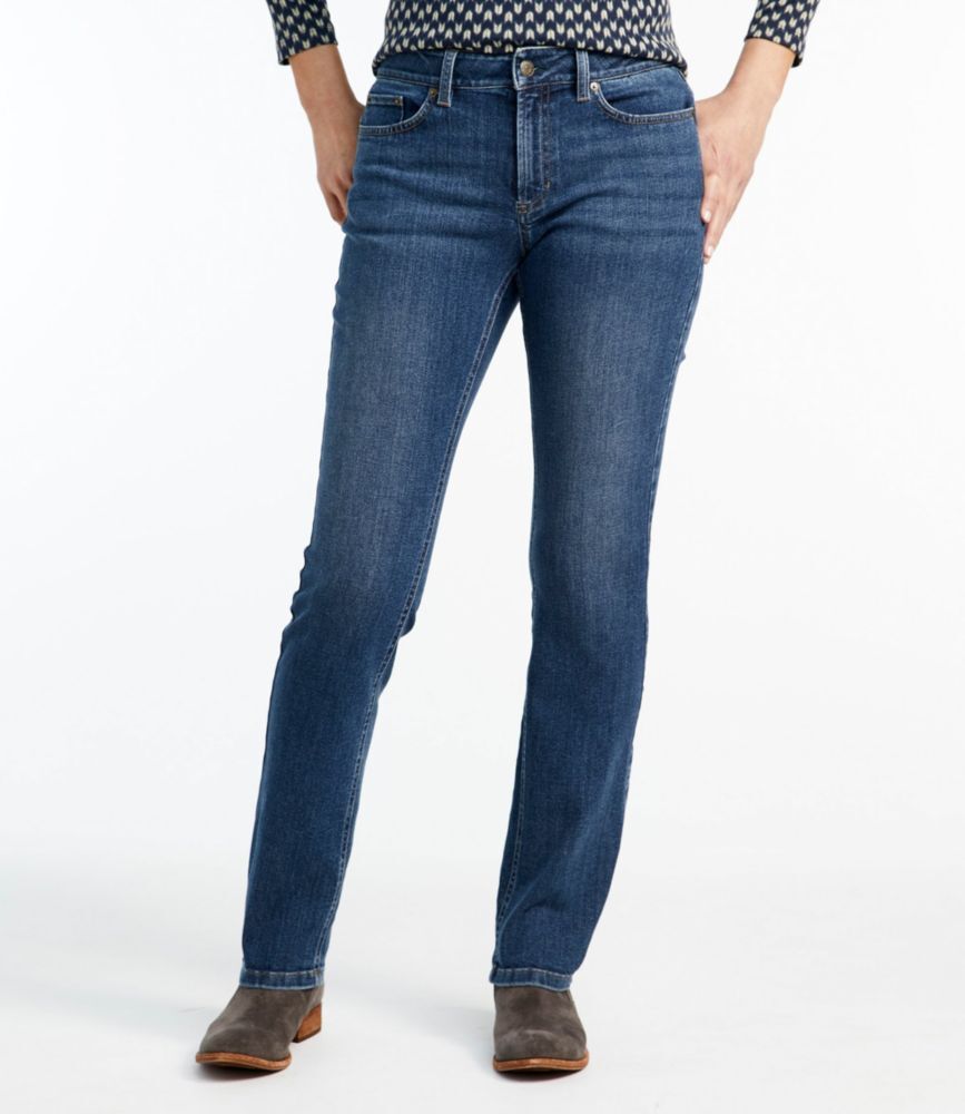 Women's BeanFlex Jeans, Mid-Rise Straight-Leg Stonewashed 4 Petite, Denim/Leather L.L.Bean