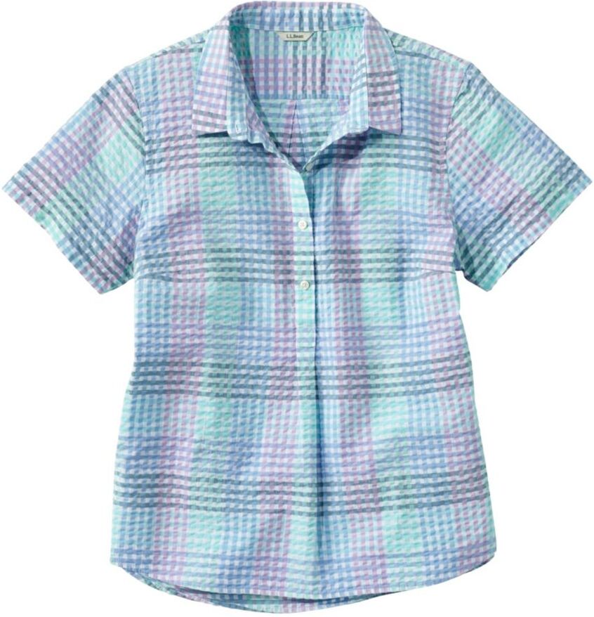 Women's Vacationland Seersucker Shirt, Short-Sleeve Popover Plaid Fresh Mint Check Extra Large, Cotton L.L.Bean