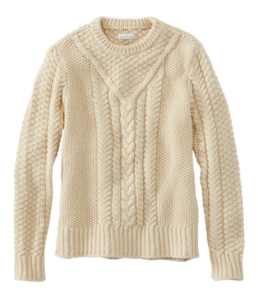 Women's Signature Cotton Fisherman Sweater, Pullover Beige Large, Cotton/Wool/Cotton Yarns L.L.Bean