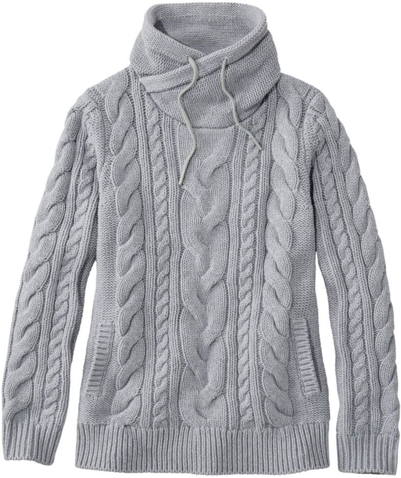 Women's Double L Mixed-Cable Sweater, Funnelneck Light Gray Heather Large, Cotton/Cotton Yarns L.L.Bean