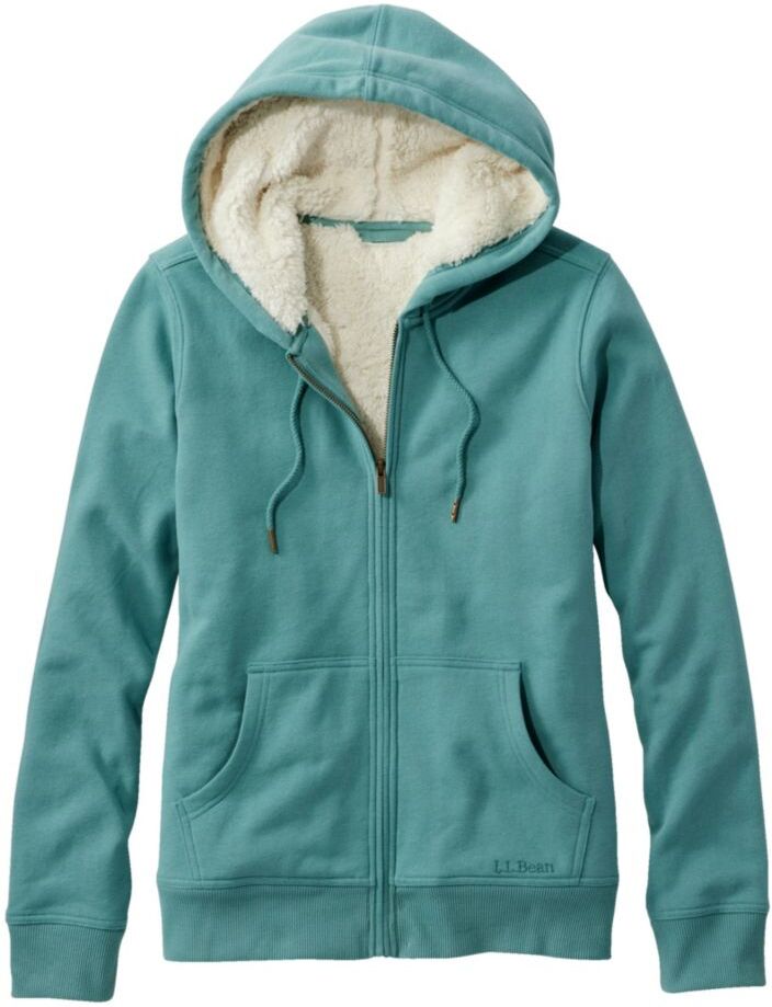 Women's L.L.Bean 1912 Sweatshirt, Sherpa-Lined Hoodie Sea Pine Medium, Polyester Cotton Blend/Metal