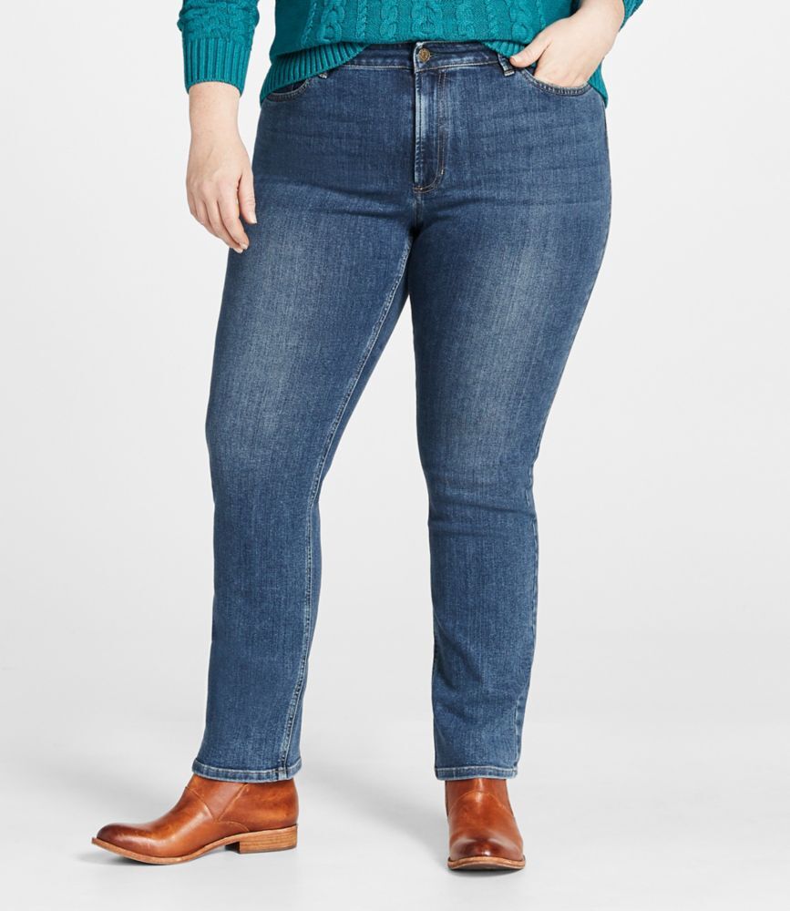 Women's BeanFlex Jeans, Mid-Rise Straight-Leg Stonewashed 24W, Denim/Leather L.L.Bean