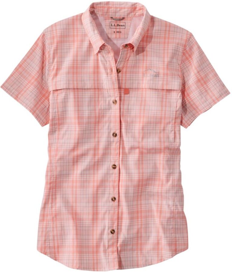 Women's Tropicwear Shirt, Plaid Short-Sleeve Warm Coral 2X, Synthetic/Nylon L.L.Bean