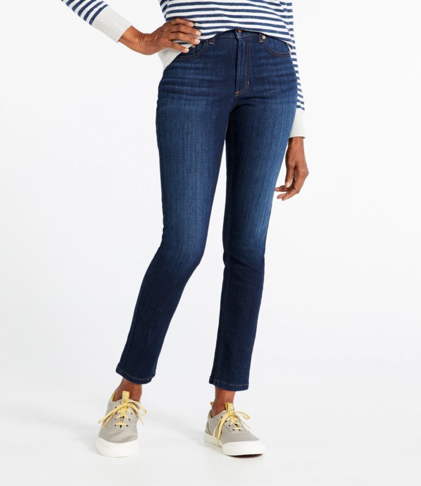 Women's BeanFlex Jeans, High-Rise Slim-Leg Ankle Rinsed 12, Denim/Leather L.L.Bean