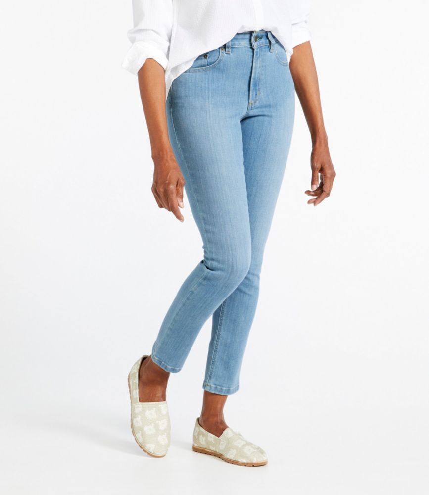 Women's BeanFlex Jeans, High-Rise Slim-Leg Ankle Light Indigo 6 Medium Tall, Denim/Leather L.L.Bean
