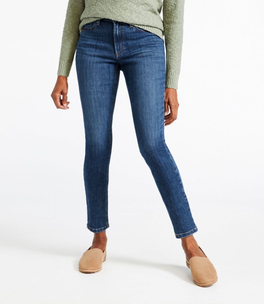 Women's BeanFlex Jeans, High-Rise Slim-Leg Ankle Stonewashed 2 Petite, Denim/Leather L.L.Bean
