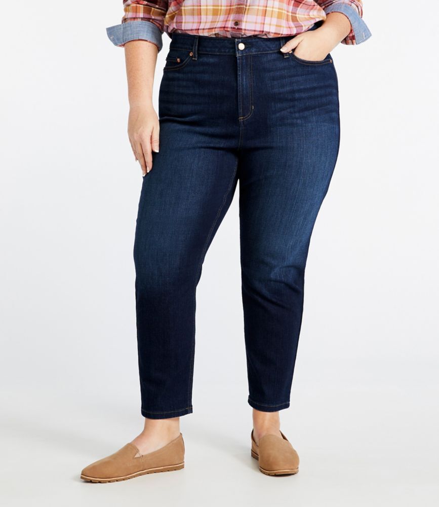 Women's BeanFlex Jeans, High-Rise Slim-Leg Ankle Rinsed 22W, Denim/Leather L.L.Bean