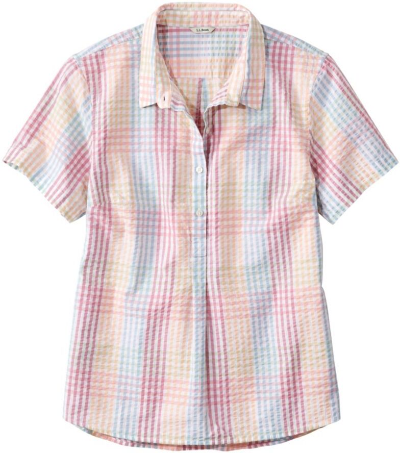 Women's Vacationland Seersucker Shirt, Short-Sleeve Popover Plaid Sunrise Pink Check 2X, Cotton L.L.Bean