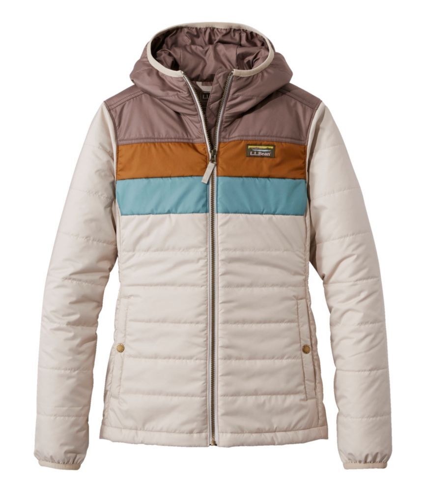 Women's Mountain Classic Puffer Hooded Jacket, Colorblock Taupe Brown/Gray Birch 2X, Synthetic L.L.Bean