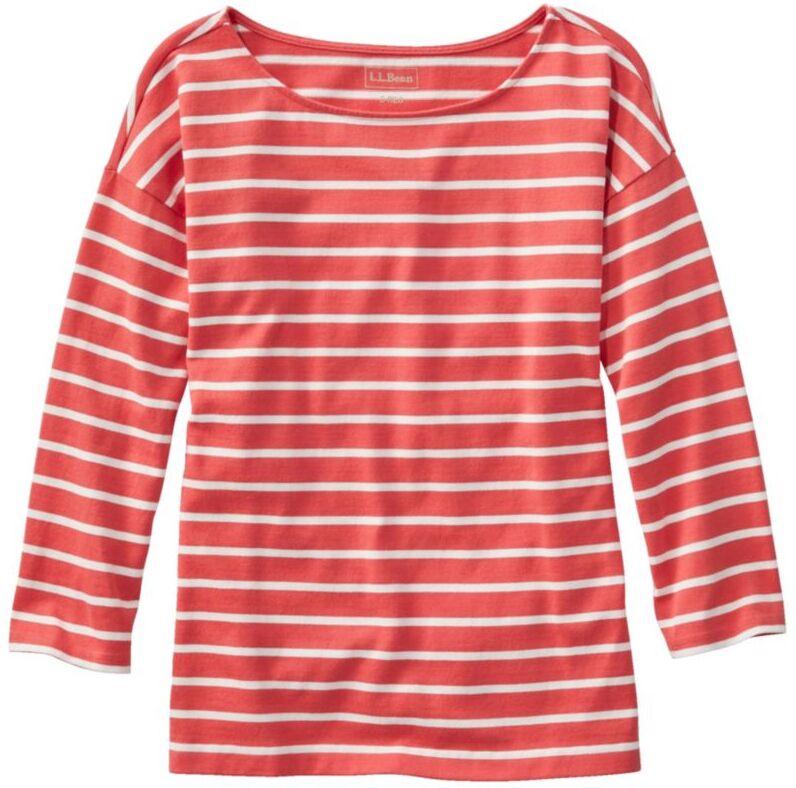 Women's Heritage Mariner Top, Boatneck Three-Quarter-Sleeve Stripe Sunlit Coral/Sea Salt Medium, Cotton L.L.Bean