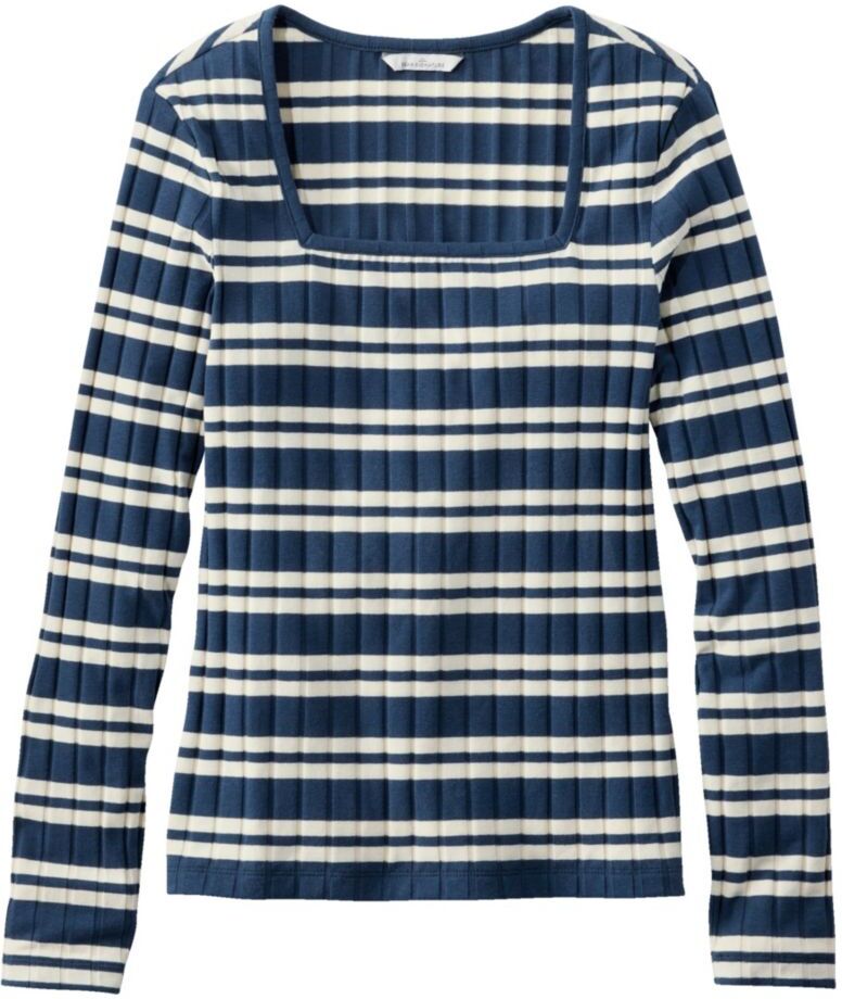 Women's Signature Ribbed Square-Neck Top Navy Stripe Large, Polyester Cotton Blend L.L.Bean