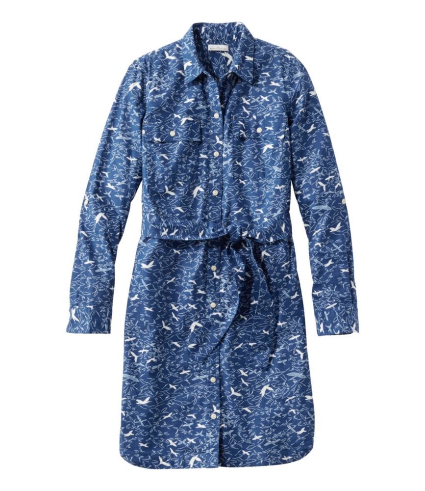 Women's Signature Camp Shirt Dress, Button-Front Deep Nautical Blue Birds Large, Cotton L.L.Bean