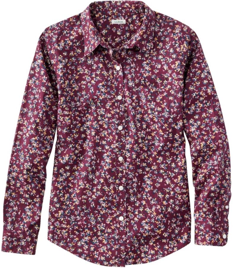 Women's Wrinkle-Free Pinpoint Oxford Shirt, Relaxed Fit Long-Sleeve Print Deep Wine Abstract Floral Small, Cotton L.L.Bean