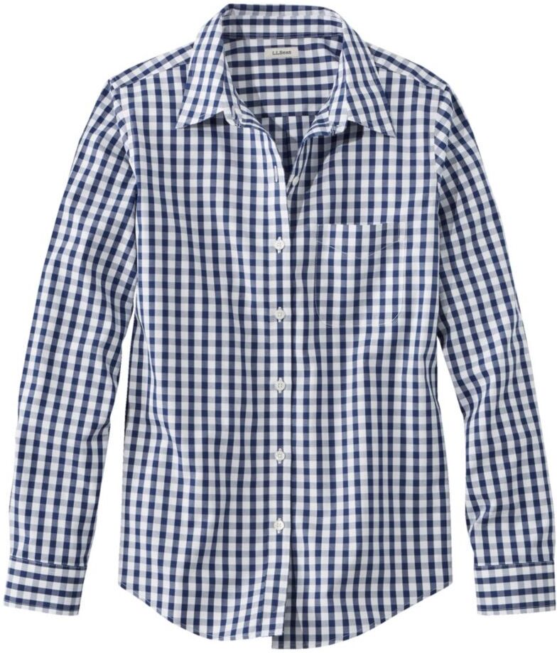 Women's Wrinkle-Free Pinpoint Oxford Shirt, Long-Sleeve Relaxed Fit Plaid Alpine Blue Small, Cotton L.L.Bean