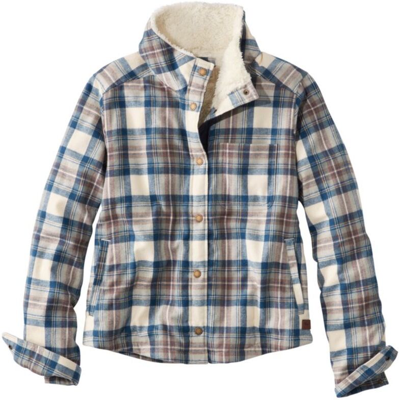 Women's Scotch Plaid Shirt, Sherpa-Lined Mockneck Jacket Indigo Tartan Large, Flannel L.L.Bean