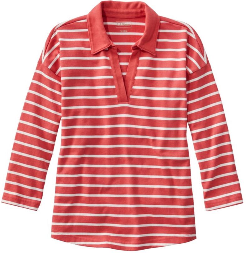 Women's Heritage Mariner Top, Splitneck Polo Three-Quarter-Sleeve Stripe Sunlit Coral/Sea Salt Extra Large, Cotton L.L.Bean