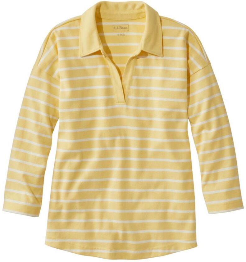 Women's Heritage Mariner Top, Splitneck Polo Three-Quarter-Sleeve Stripe Lemon/Sea Salt Large, Cotton L.L.Bean