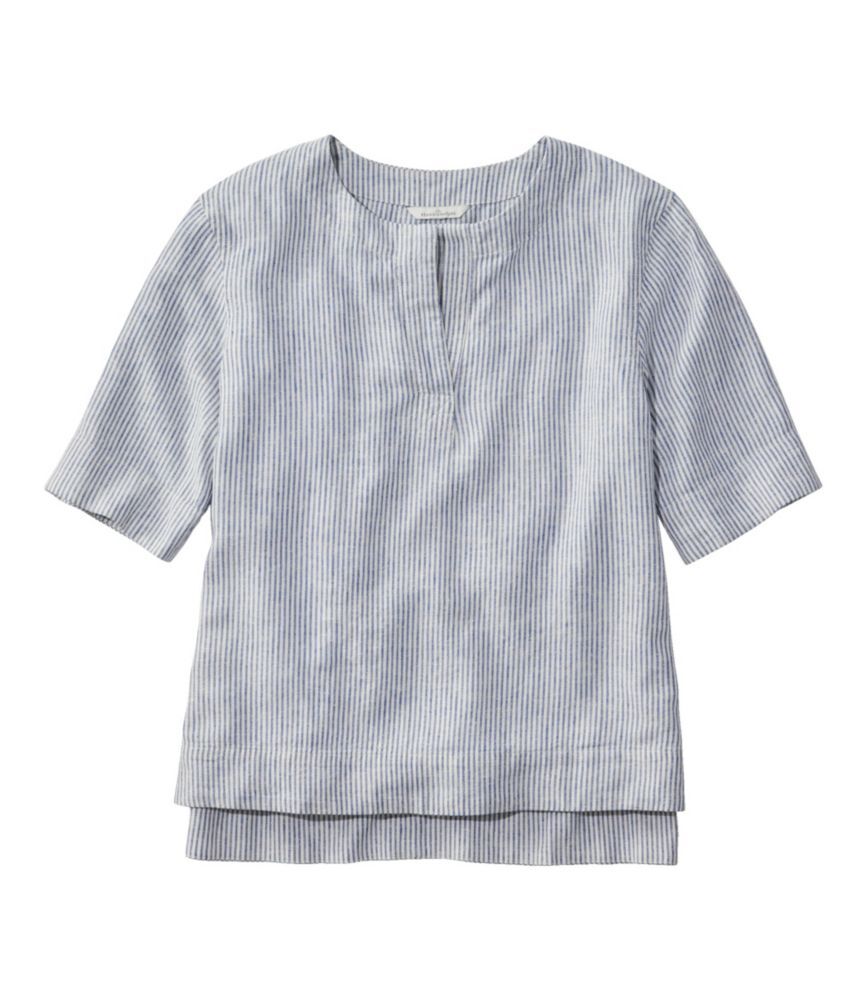 Women's Signature Linen-Blend Splitneck Shirt, Short-Sleeve Indigo Ink/Sea Salt Large L.L.Bean