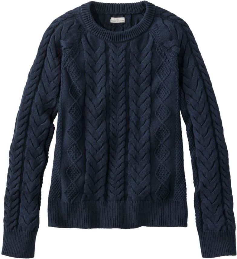 Women's Signature Classic Fisherman Sweater, Crewneck Navy Large, Cotton/Wool/Cotton Yarns L.L.Bean