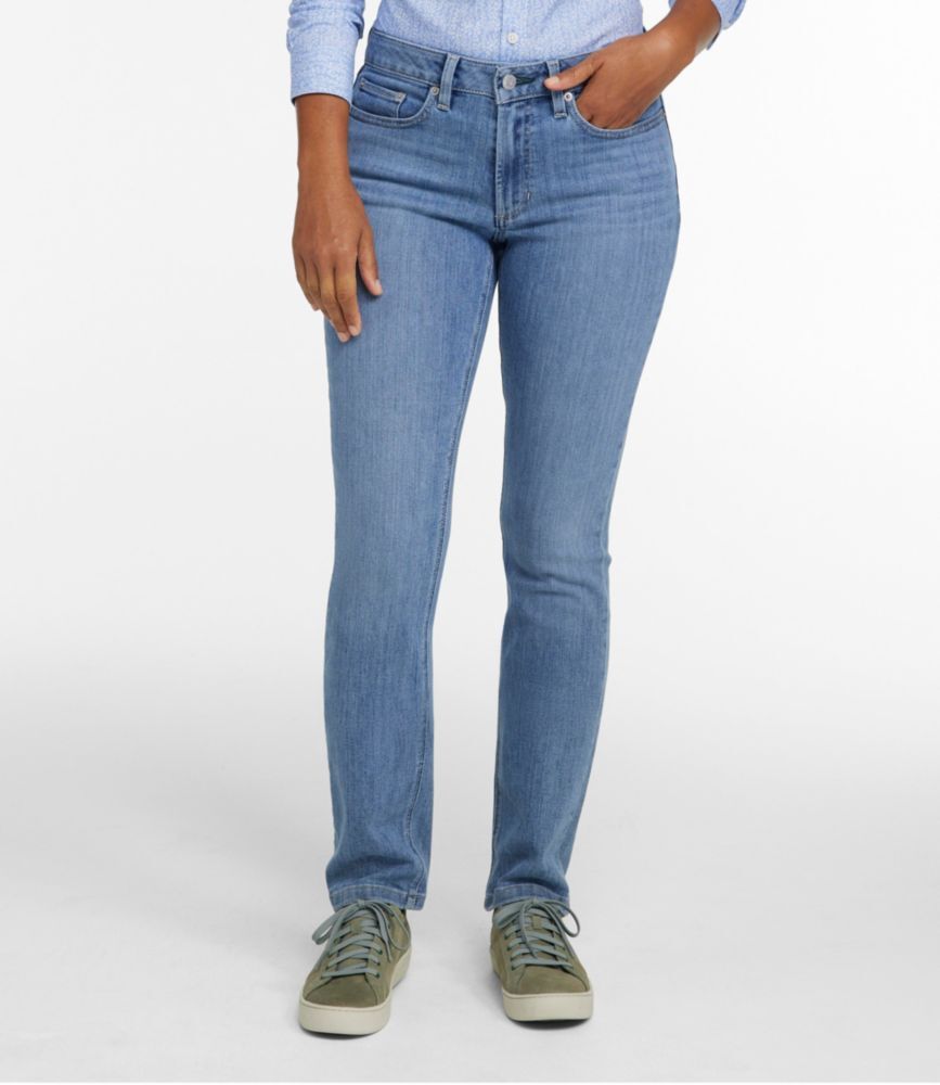 Women's BeanFlex Jeans, Mid-Rise Straight-Leg Vintage Faded 12 Medium Tall, Denim/Leather L.L.Bean