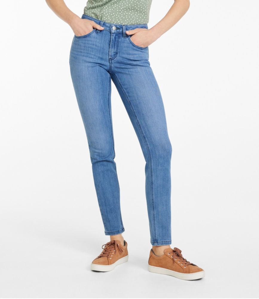 Women's BeanFlex Jeans, Mid-Rise Skinny-Leg Bright Indigo 12 Medium Tall, Denim/Leather L.L.Bean