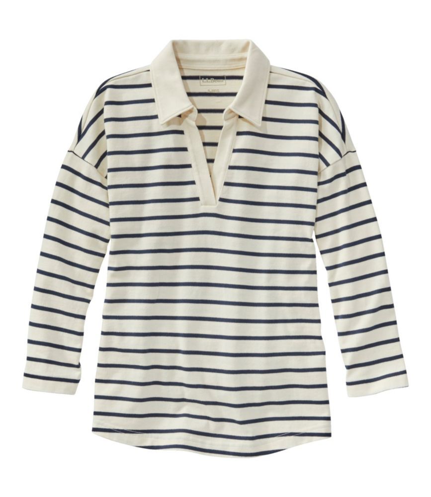 Women's Heritage Mariner Top, Splitneck Polo Three-Quarter-Sleeve Stripe Sailcloth/Classic Navy 3X, Cotton L.L.Bean