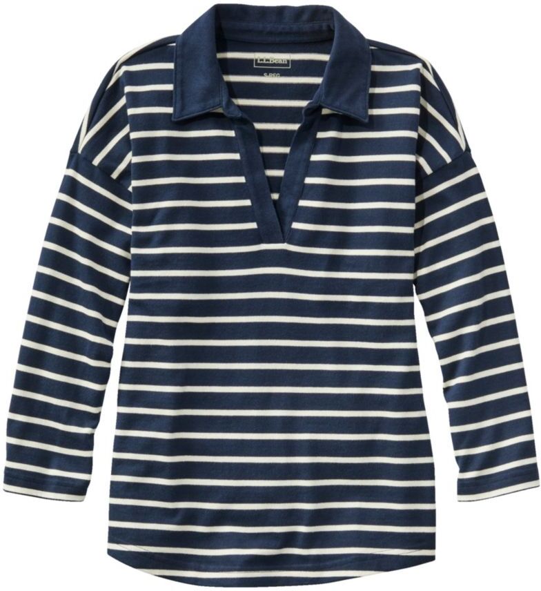 Women's Heritage Mariner Top, Splitneck Polo Three-Quarter-Sleeve Stripe Classic Navy/Sailcloth 3X, Cotton L.L.Bean