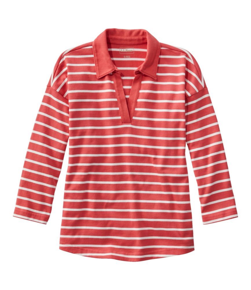 Women's Heritage Mariner Top, Splitneck Polo Three-Quarter-Sleeve Stripe Sunlit Coral/Sea Salt 3X, Cotton L.L.Bean