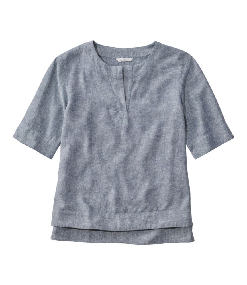 Women's Signature Linen-Blend Splitneck Shirt, Short-Sleeve Navy 2X L.L.Bean