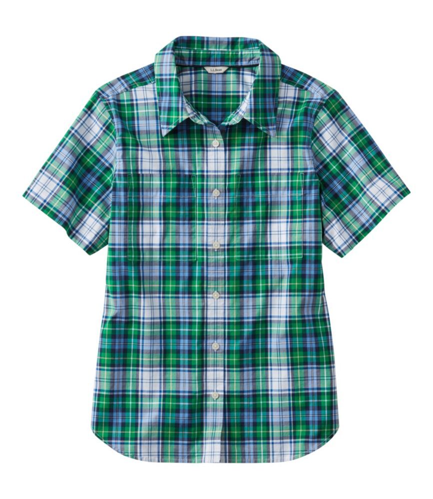 Women's Essential Cotton Poplin Shirt, Short-Sleeve Bright Navy Plaid 2X L.L.Bean