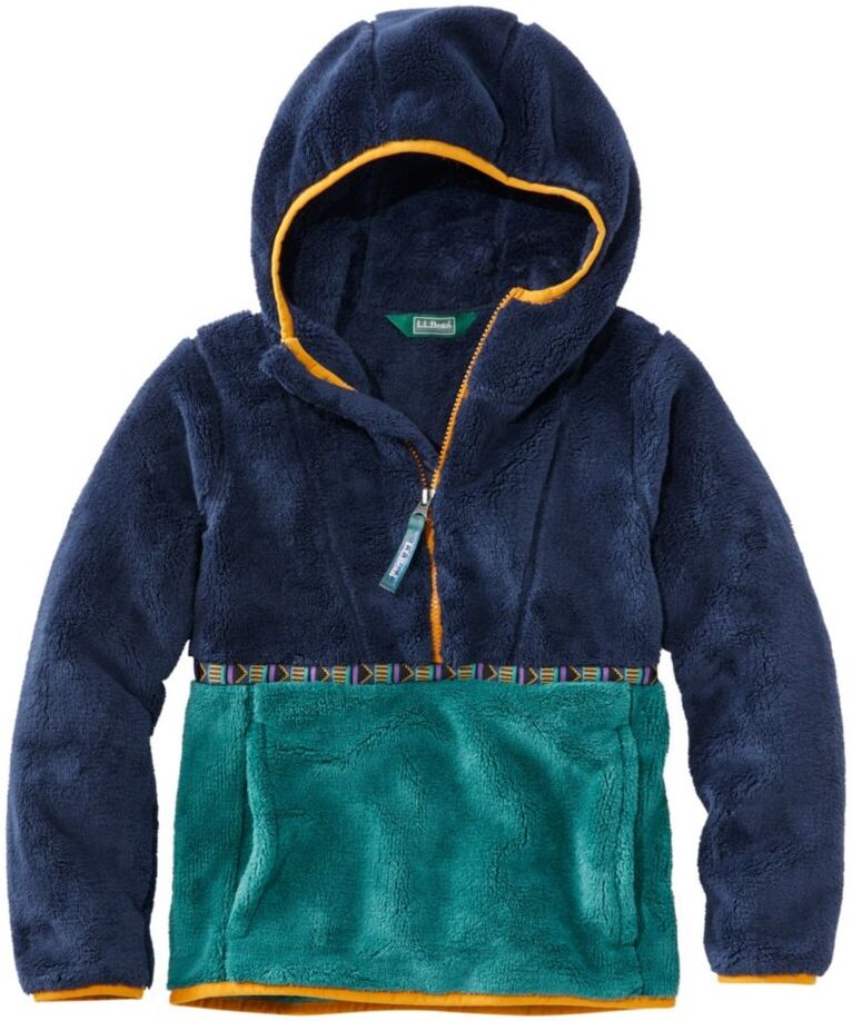 Kids' L.L.Bean Hi-Pile Fleece Hooded Pullover, Colorblock Bright Navy/Warm Teal L 6X/7